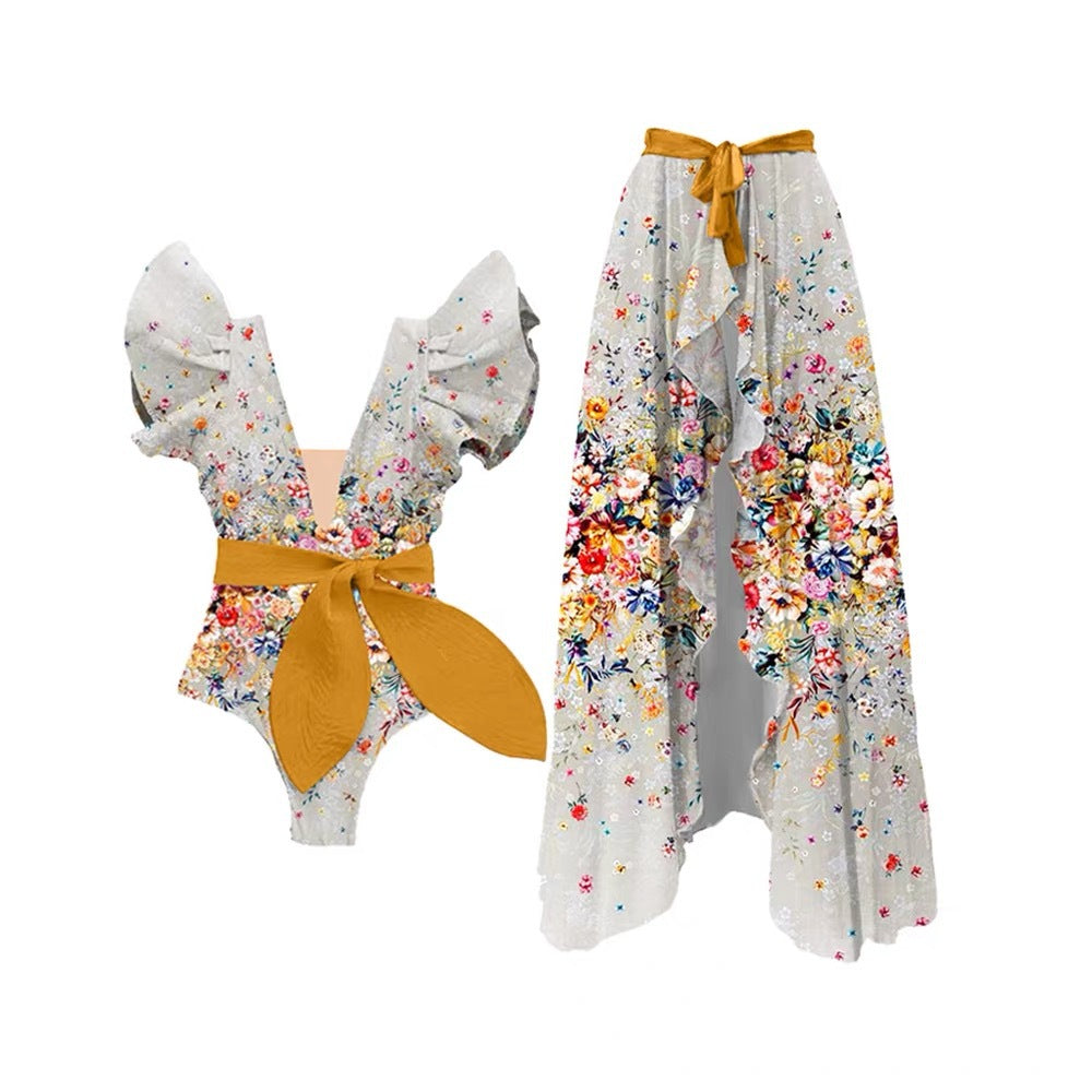 ENSEMBLE MAILLOT DE BAIN MOUTARDE 1 PIECE FLEURI