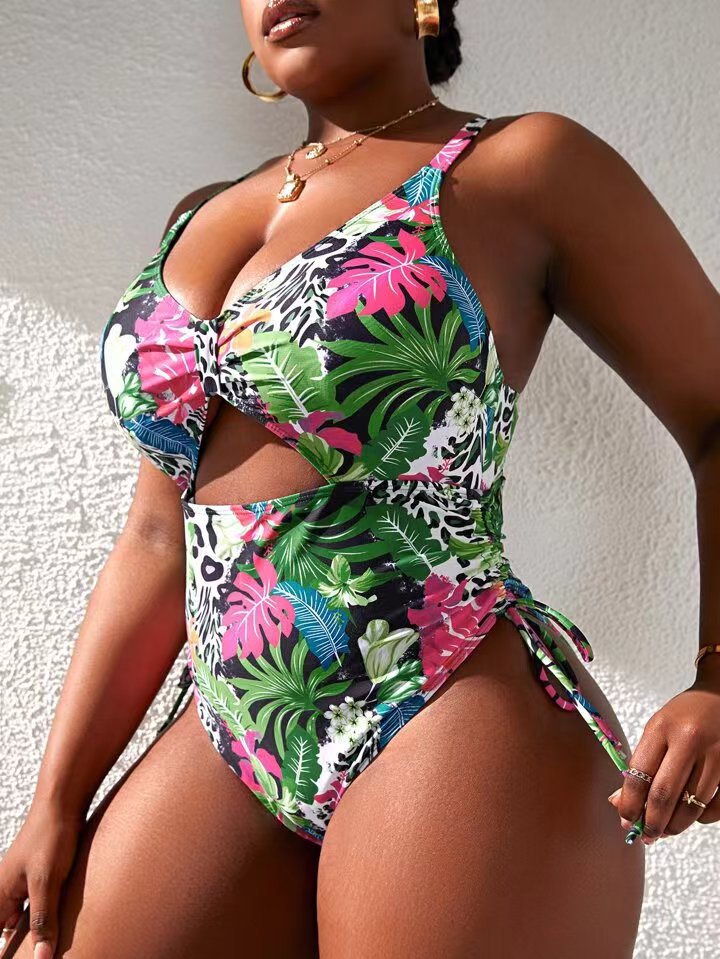 Maillot de bain 1 pièce thème floral vert et rose