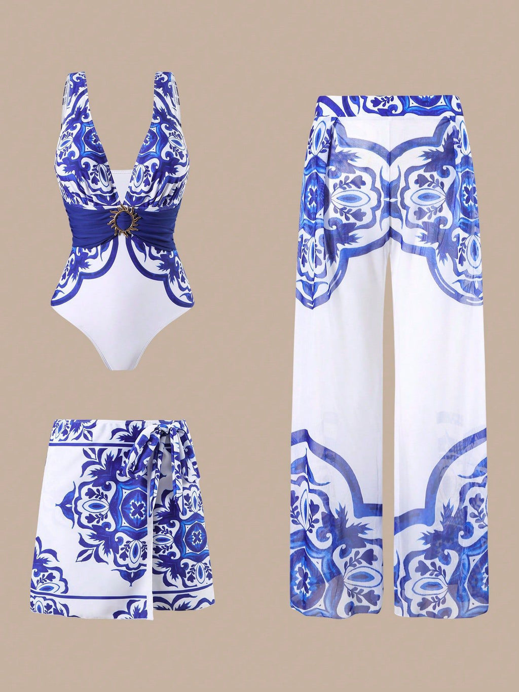 Ensemble maillot de bain vintage 3 pièces Bleu marine et blanc