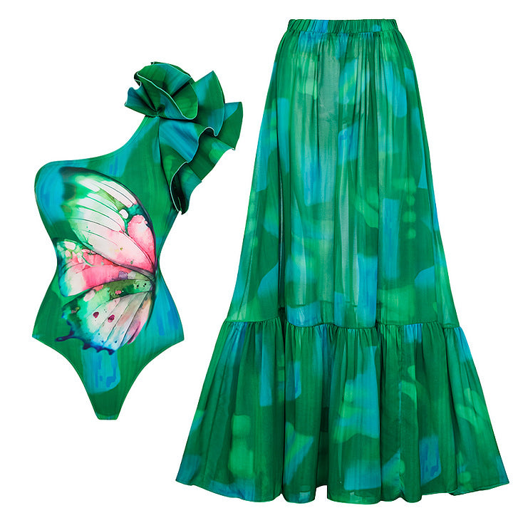 ENSEMBLE MAILLOT DE BAIN VERT/ PAPILLON ROSE 1 PIECE AVEC JUPE