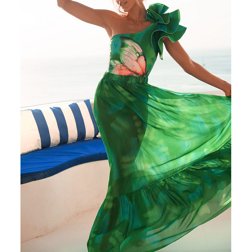 ENSEMBLE MAILLOT DE BAIN VERT/ PAPILLON ROSE 1 PIECE AVEC JUPE