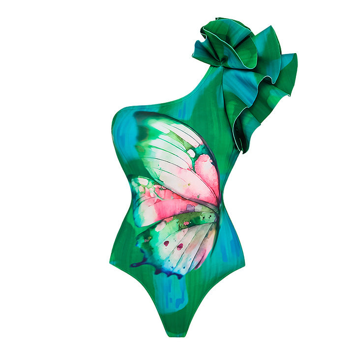 ENSEMBLE MAILLOT DE BAIN VERT/ PAPILLON ROSE 1 PIECE AVEC JUPE