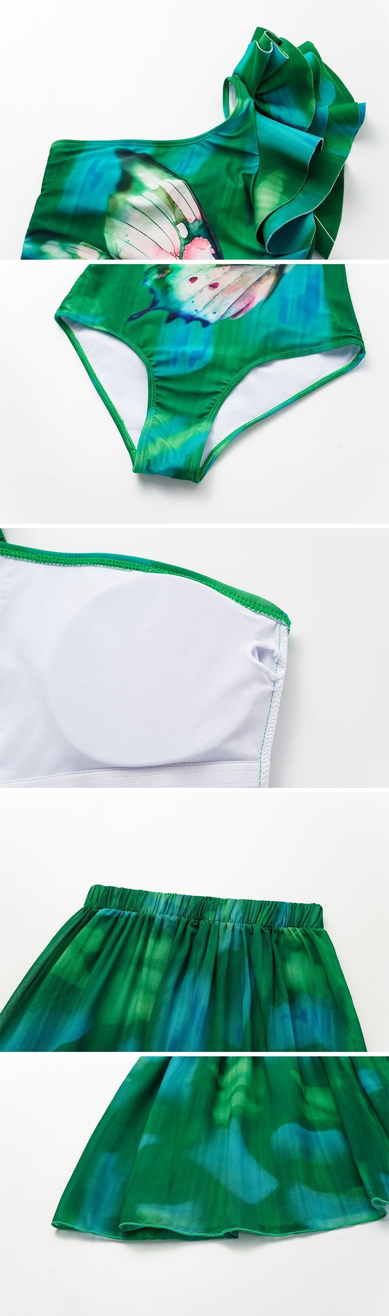 ENSEMBLE MAILLOT DE BAIN VERT/ PAPILLON ROSE 1 PIECE AVEC JUPE