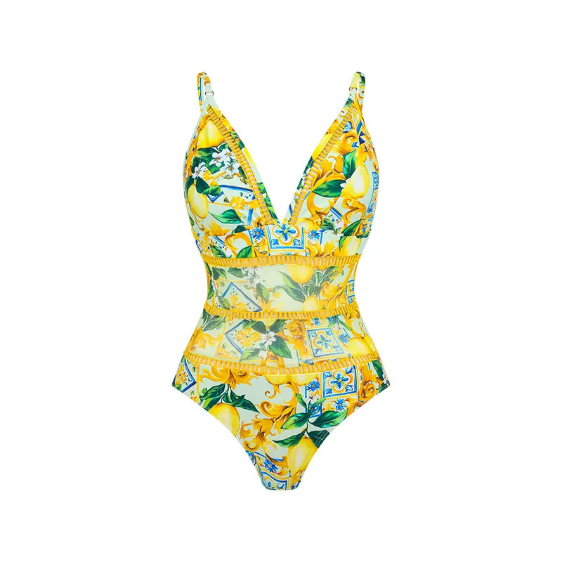 Maillot de bain 1 pièce citron et sa jupe volant