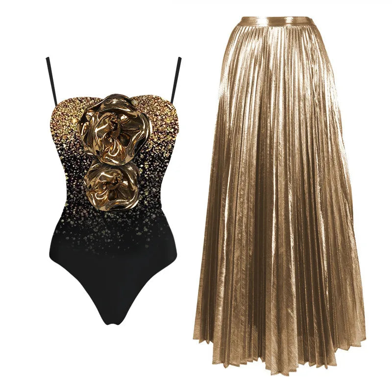 Maillot de bain  pièce à fleur dorée et paillette